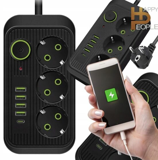 Prailgintuvas 3 kontaktų + 3USB+ 1 Type-C 2 m ES kištukinis maitinimo prailginimo laidas 2M su 3 AC lizdais ir 3 USB ir 1 Type C